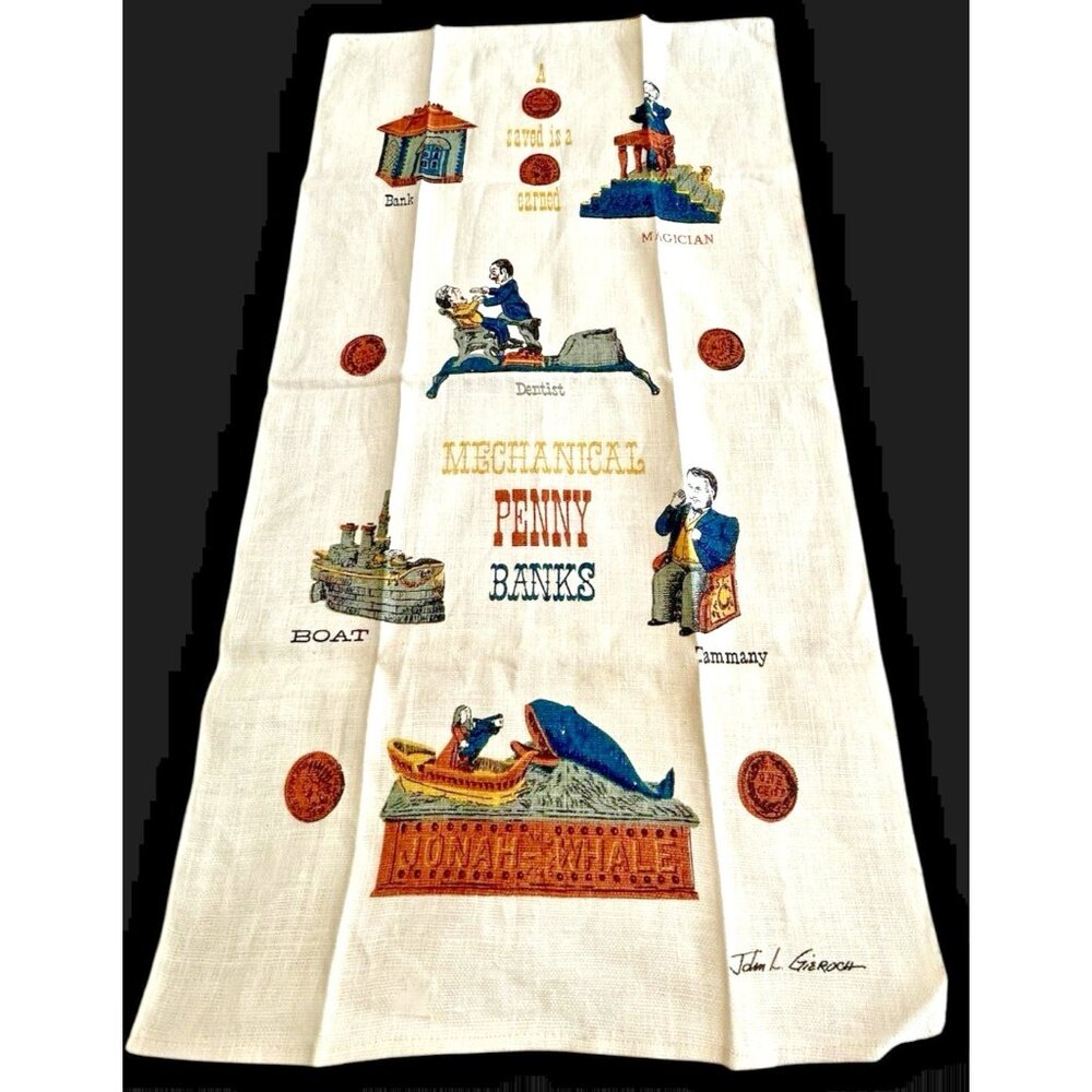 Kay Dee Linen Mechanical Penny Banks Tea Towel Banks 30"x17" Vintage 1960's NEW